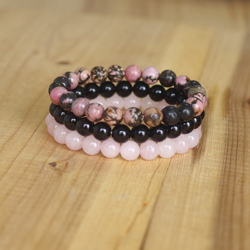 8mm Natural Stone Bracelet Sets Women Rhodonite Rose Quartzs Black Onyx Beaded Stackable Wrist Mala Charm Bracelets