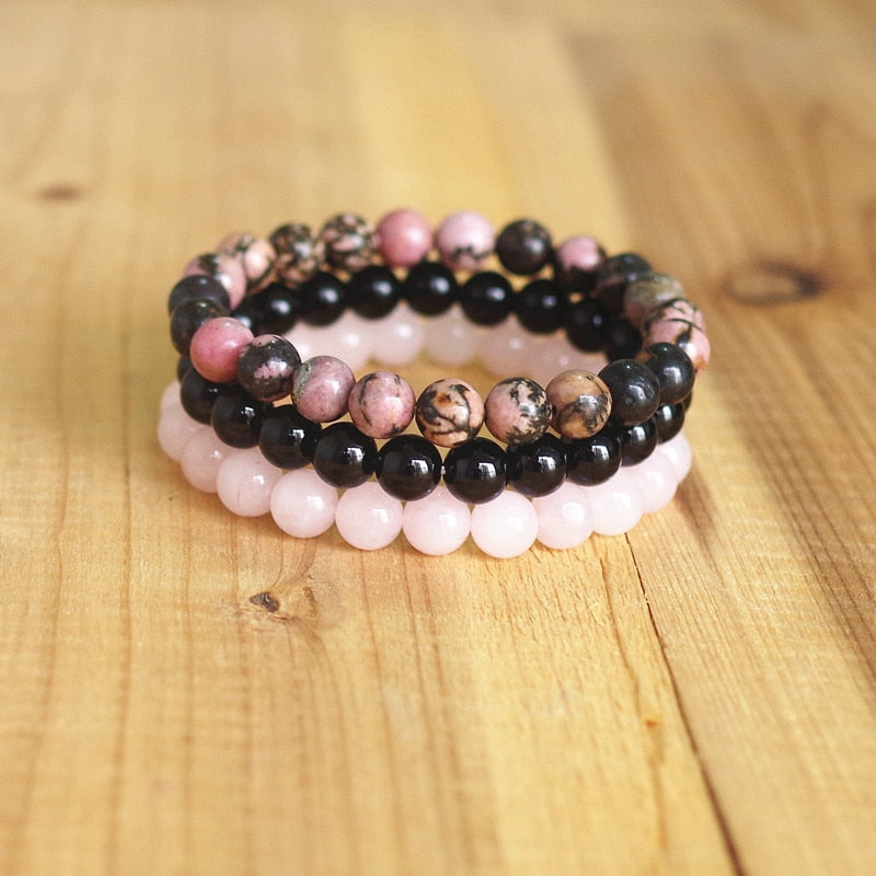 8mm Natural Stone Bracelet Sets Women Rhodonite Rose Quartzs Black Onyx Beaded Stackable Wrist Mala Charm Bracelets