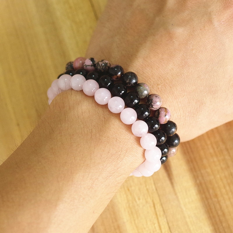 8mm Natural Stone Bracelet Sets Women Rhodonite Rose Quartzs Black Onyx Beaded Stackable Wrist Mala Charm Bracelets